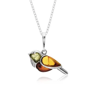 Sterling Silver Amber 3 Stone Bird Necklace