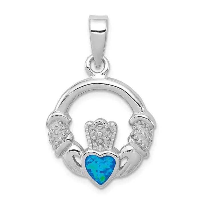 Sterling Silver Blue Inlay Created Opal Irish Claddagh Pendant