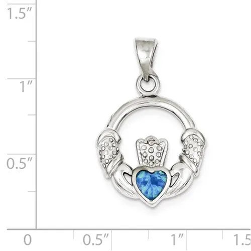 Sterling Silver Blue Inlay Created Opal Irish Claddagh Pendant