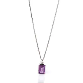 Sterling Silver Natural Amethyst Emerald Cut Pendant Necklace With CZ