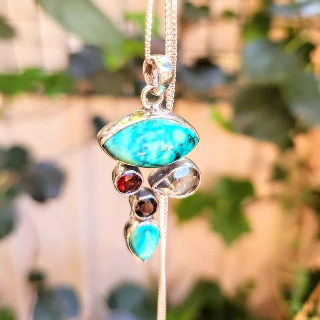 SUBLIME - TURQUOISE / GARNET / SMOKY QUARTZ & AQUAMARINE - 925 PENDANT NECKLACE