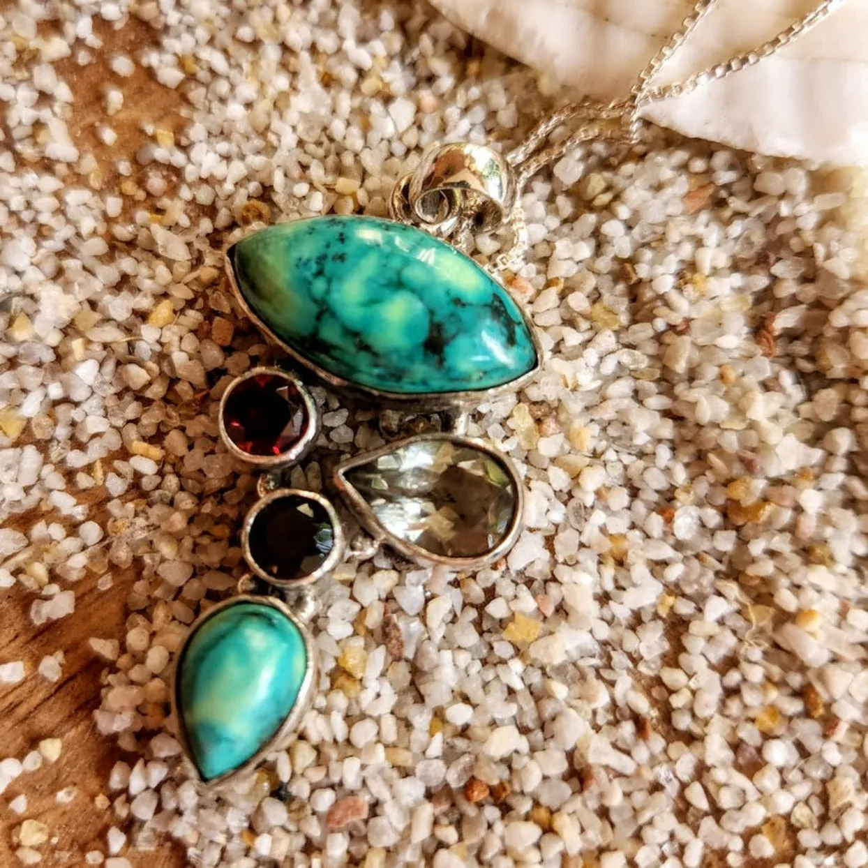 SUBLIME - TURQUOISE / GARNET / SMOKY QUARTZ & AQUAMARINE - 925 PENDANT NECKLACE