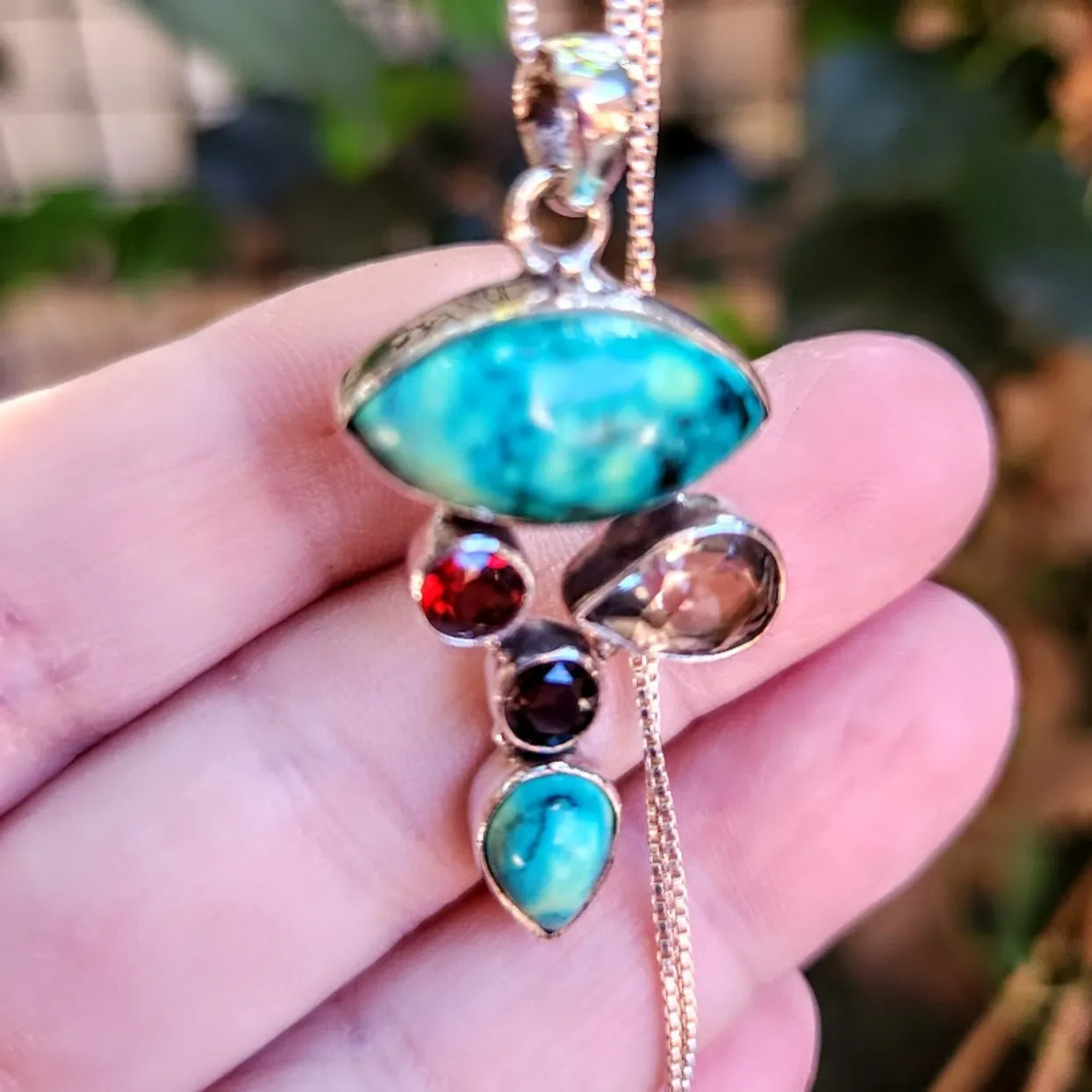 SUBLIME - TURQUOISE / GARNET / SMOKY QUARTZ & AQUAMARINE - 925 PENDANT NECKLACE