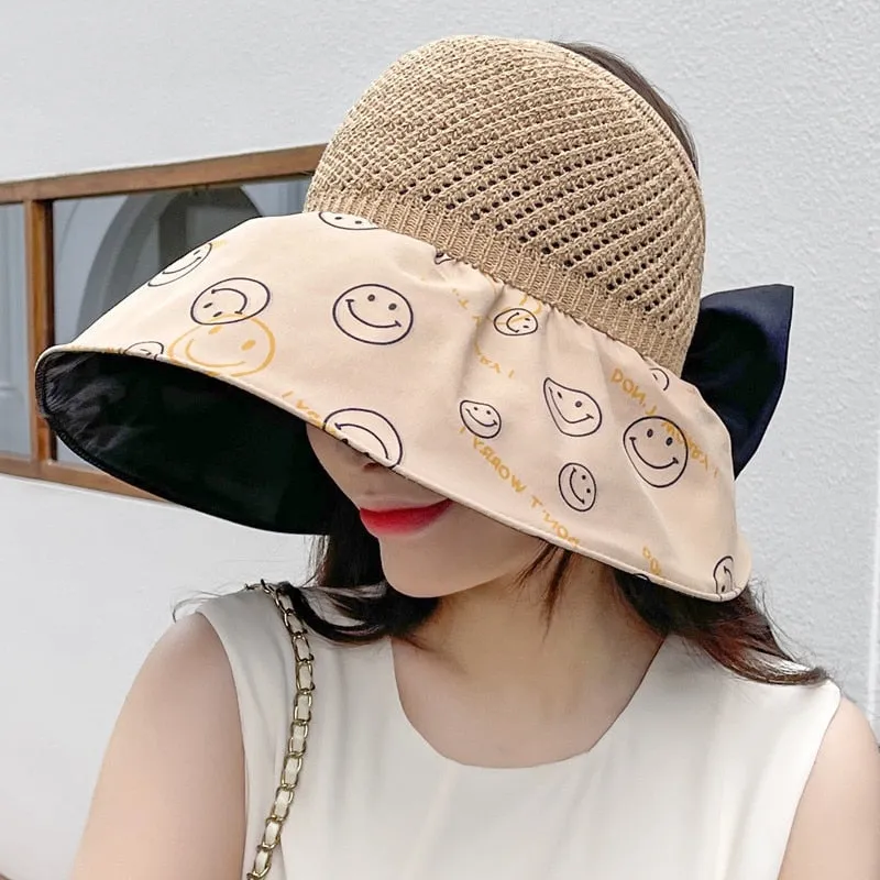 Summer Hats For Women Fashion Smiley Face Pattern Design Straw Hat  Empty Top Sun Hat Travel Beach Hat