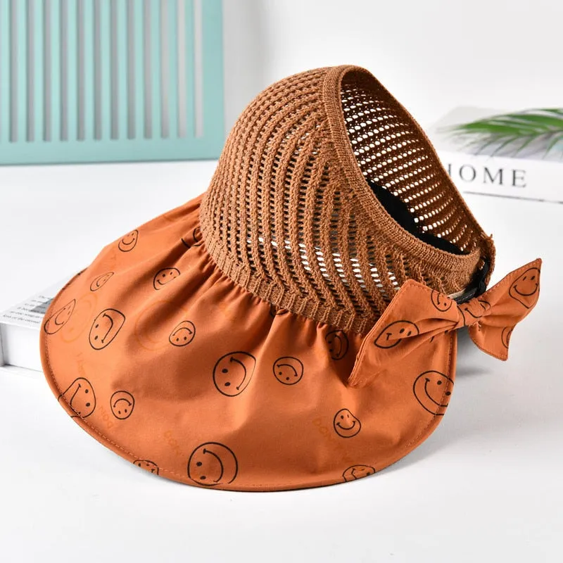 Summer Hats For Women Fashion Smiley Face Pattern Design Straw Hat  Empty Top Sun Hat Travel Beach Hat