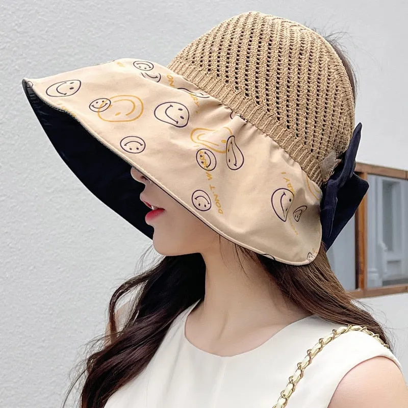 Summer Hats For Women Fashion Smiley Face Pattern Design Straw Hat  Empty Top Sun Hat Travel Beach Hat