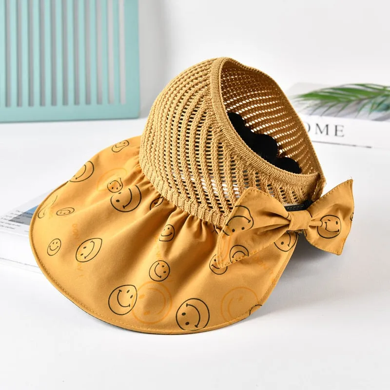 Summer Hats For Women Fashion Smiley Face Pattern Design Straw Hat  Empty Top Sun Hat Travel Beach Hat