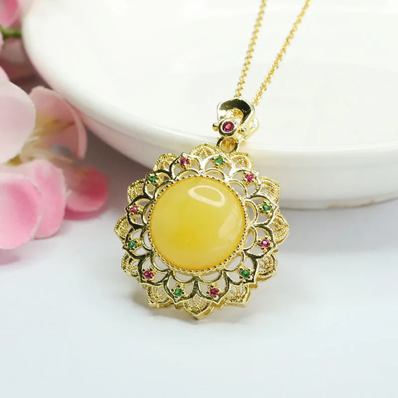 Sunflower Amber Pendant Necklace with Beeswax Hollow Sunburst Gold Charm