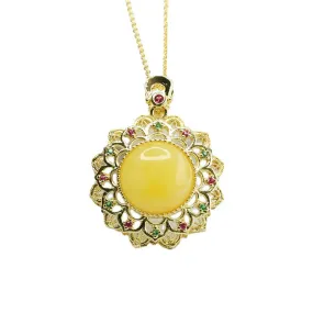 Sunflower Amber Pendant Necklace with Beeswax Hollow Sunburst Gold Charm