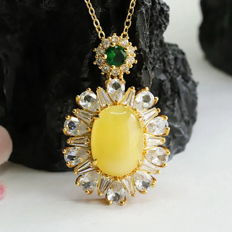 Sunflower Amber Zircon Pendant with Sterling Silver Chain - Women's Jewelry