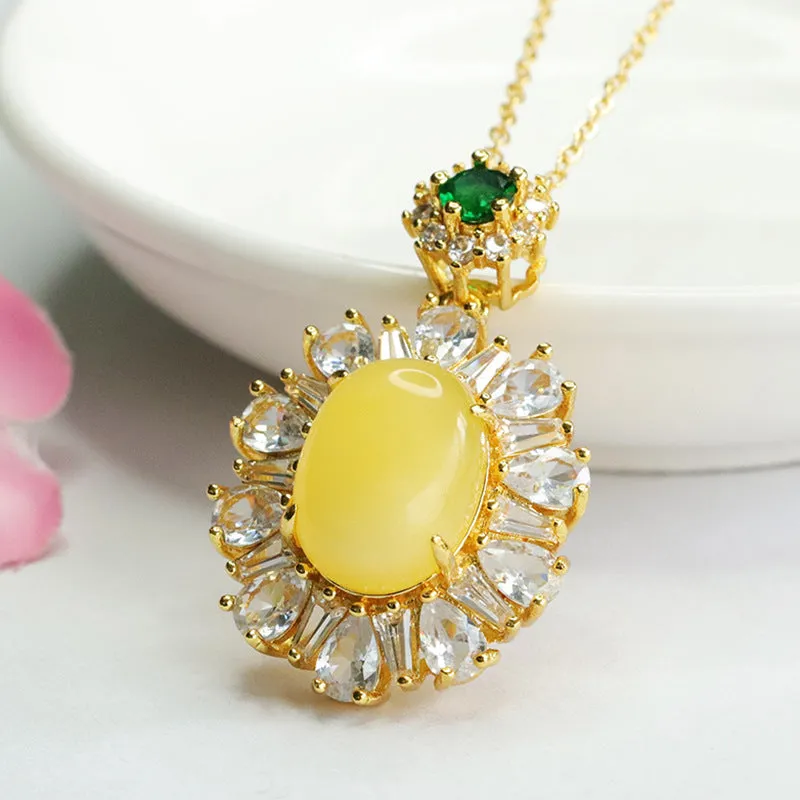 Sunflower Amber Zircon Pendant with Sterling Silver Chain - Women's Jewelry