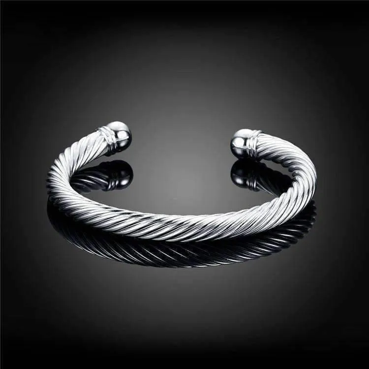 Swirling Silver Bold Bangle 7mm Cuff Bracelet For Woman