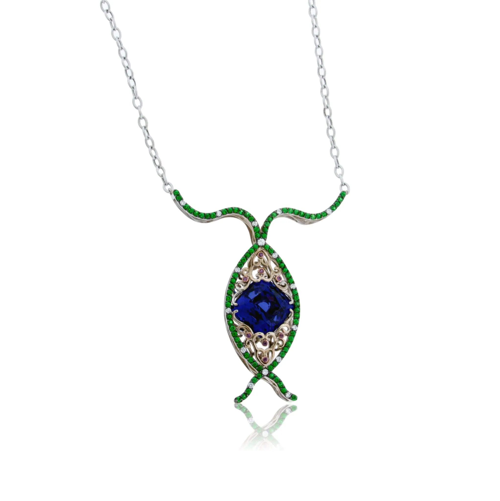 Tanzanite, Tsvaroite & Rhodolite Garnet Custom Pendant w/Chain