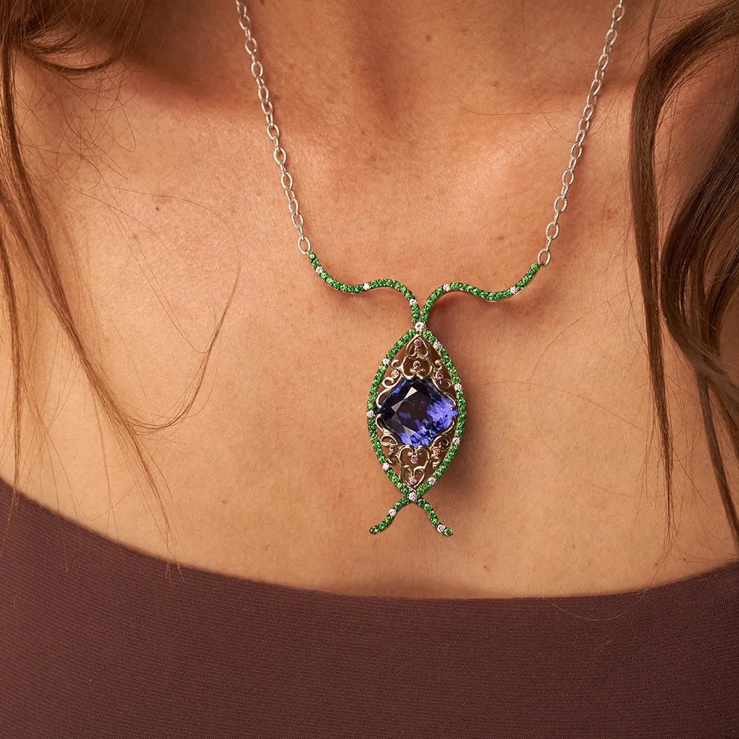 Tanzanite, Tsvaroite & Rhodolite Garnet Custom Pendant w/Chain