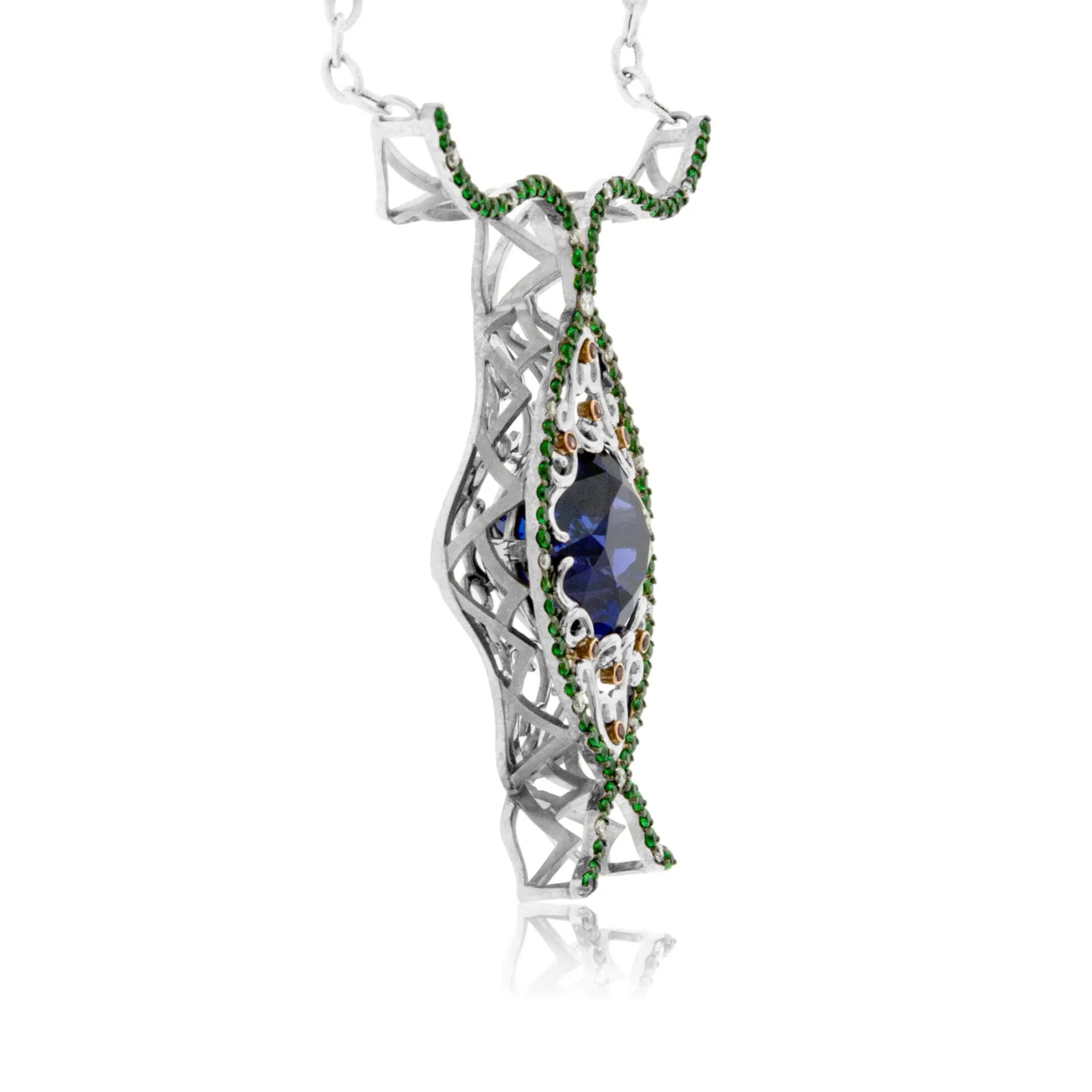 Tanzanite, Tsvaroite & Rhodolite Garnet Custom Pendant w/Chain