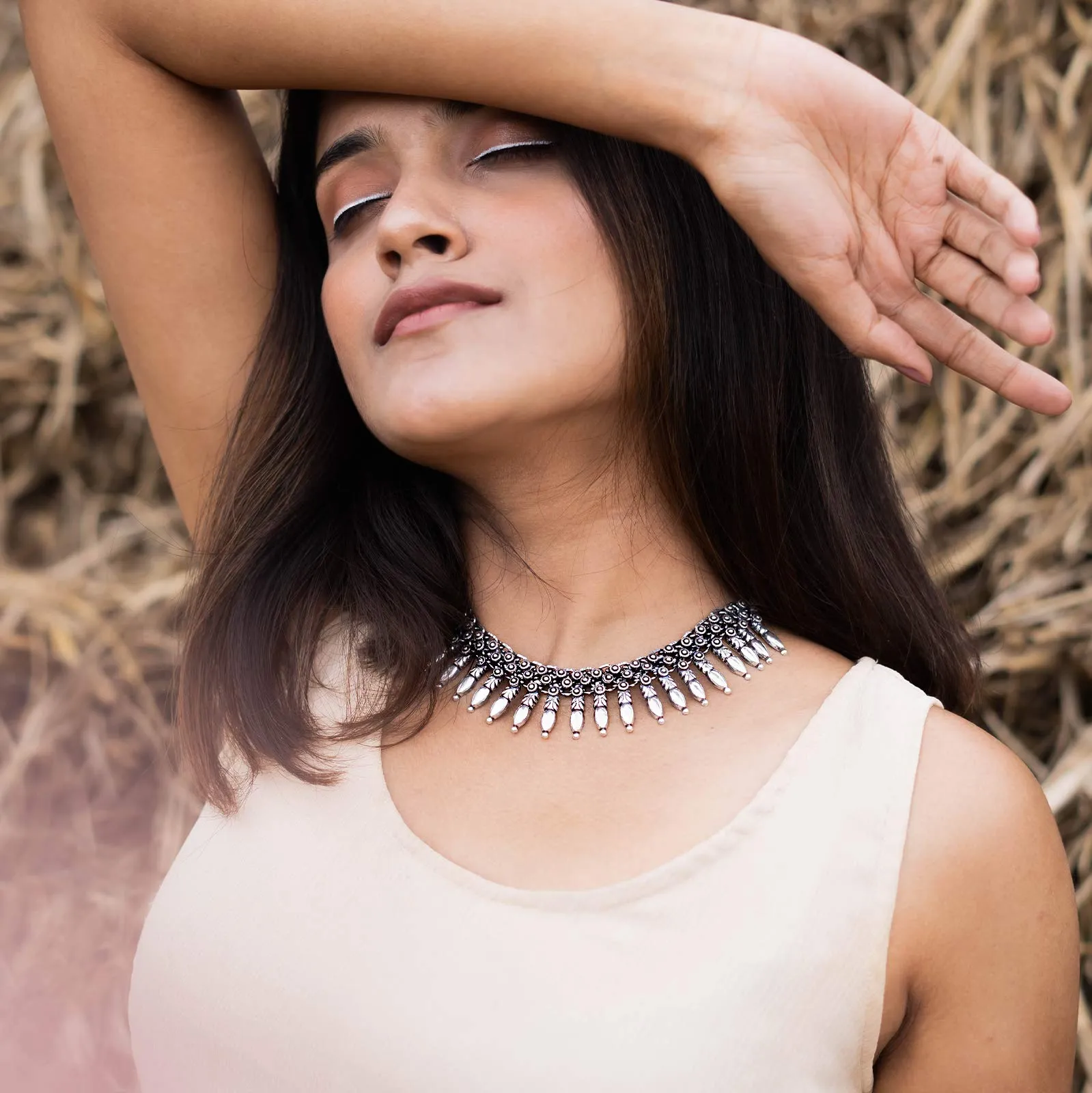 TEEJH Nitika Silver Oxidised Choker Necklace For Women