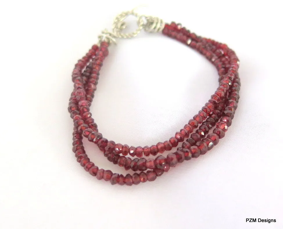 Three Strand Red Garnet Bracelet, gift for her