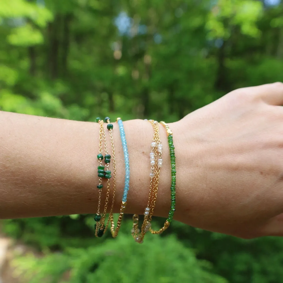 Three Strand Rondelle Chain Bracelet - Green Garnet