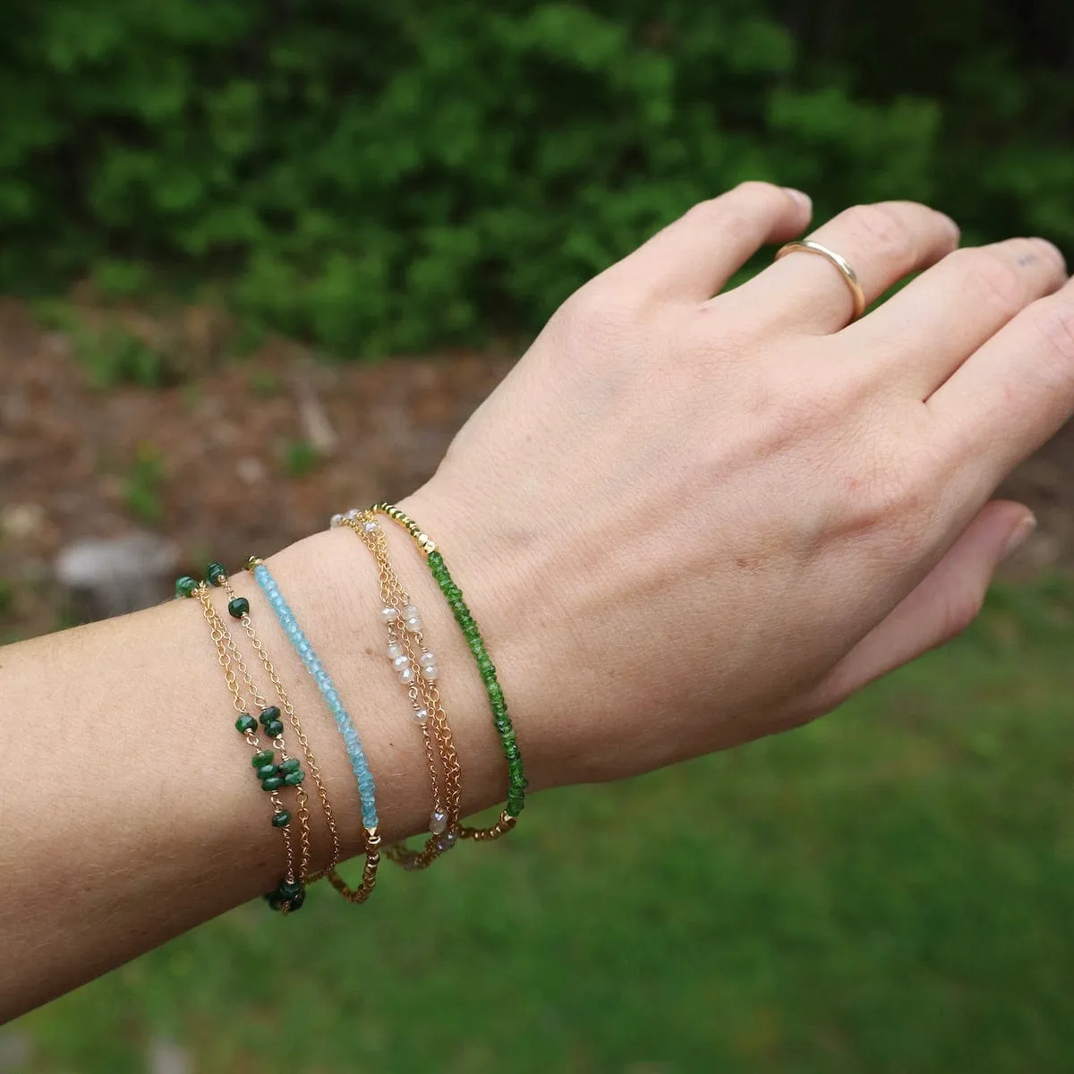 Three Strand Rondelle Chain Bracelet - Green Garnet