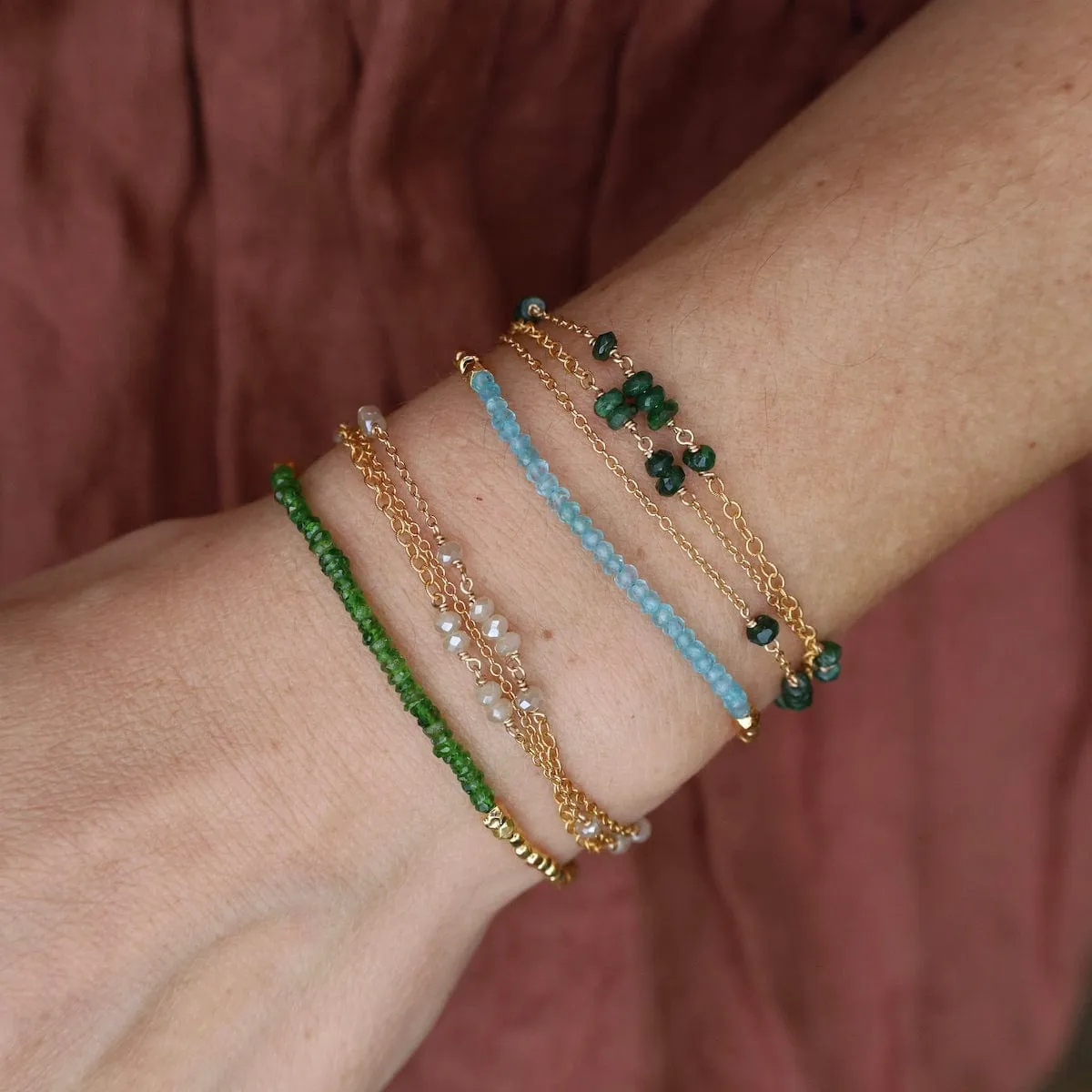 Three Strand Rondelle Chain Bracelet - Green Garnet