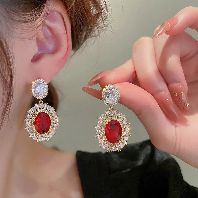 Unique Oval Red Cubic Zirconia Drop Earrings  Gold Color Statement Jewelry Accessory