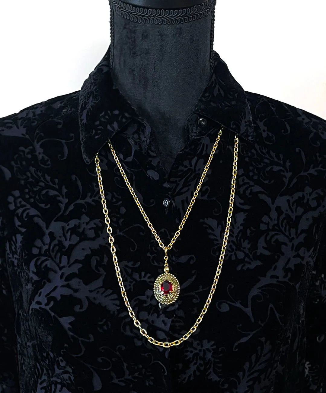 【USA輸入】ヴィンテージ SARAH COV. ガーネットレッド ダブルチェーン ネックレス/Vintage SARAH COV. Garnet Double Chain Necklace