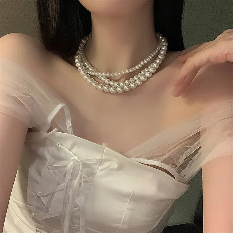 VAIGE Elegant Vintage Pearl Chain Choker Necklace - 6mm, 8mm, 10mm in Classic White and Soft Pastel Shades