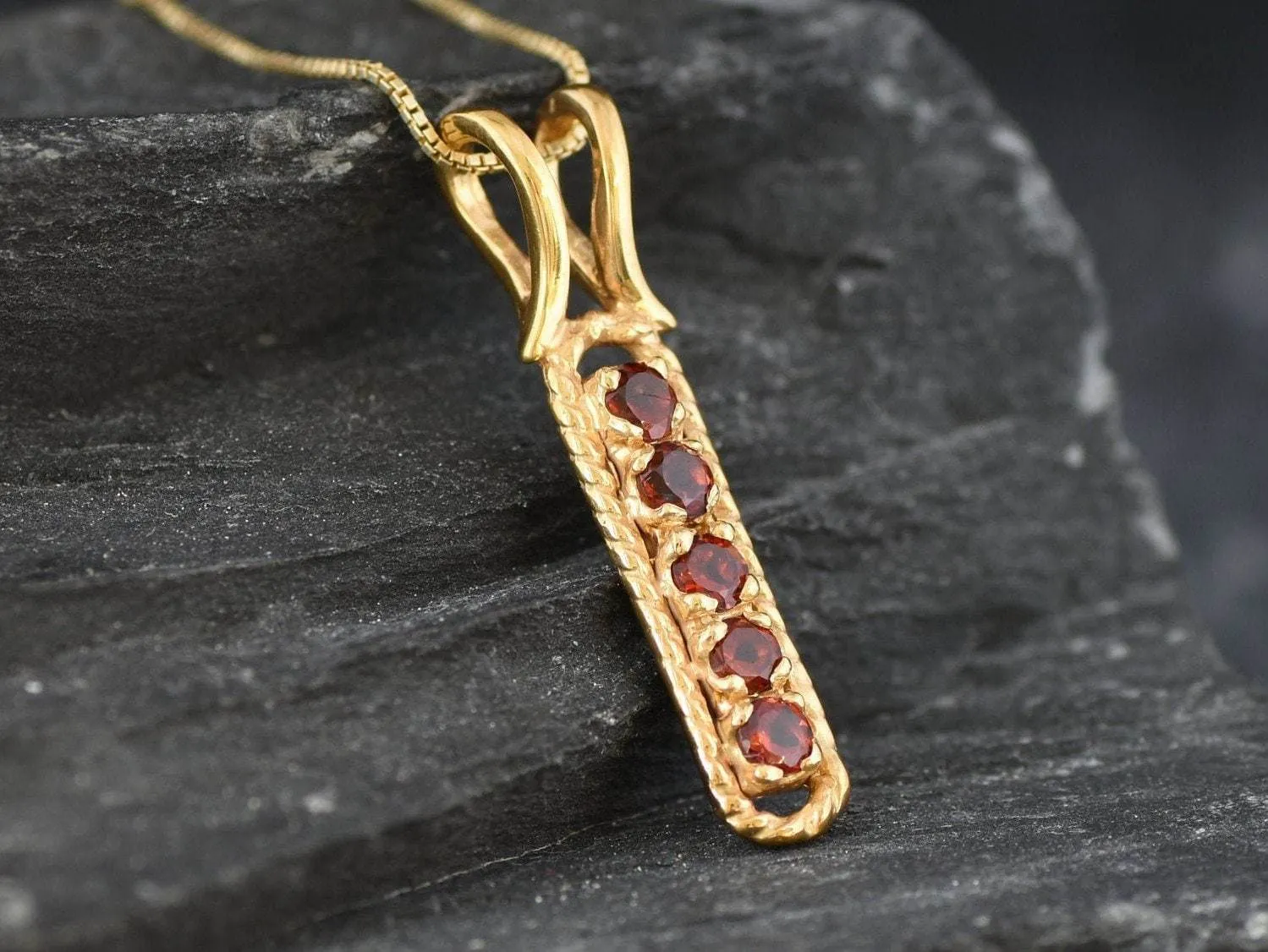 Vertical Garnet Pendant - Natural Garnet Necklace, Gold Garnet Pendant