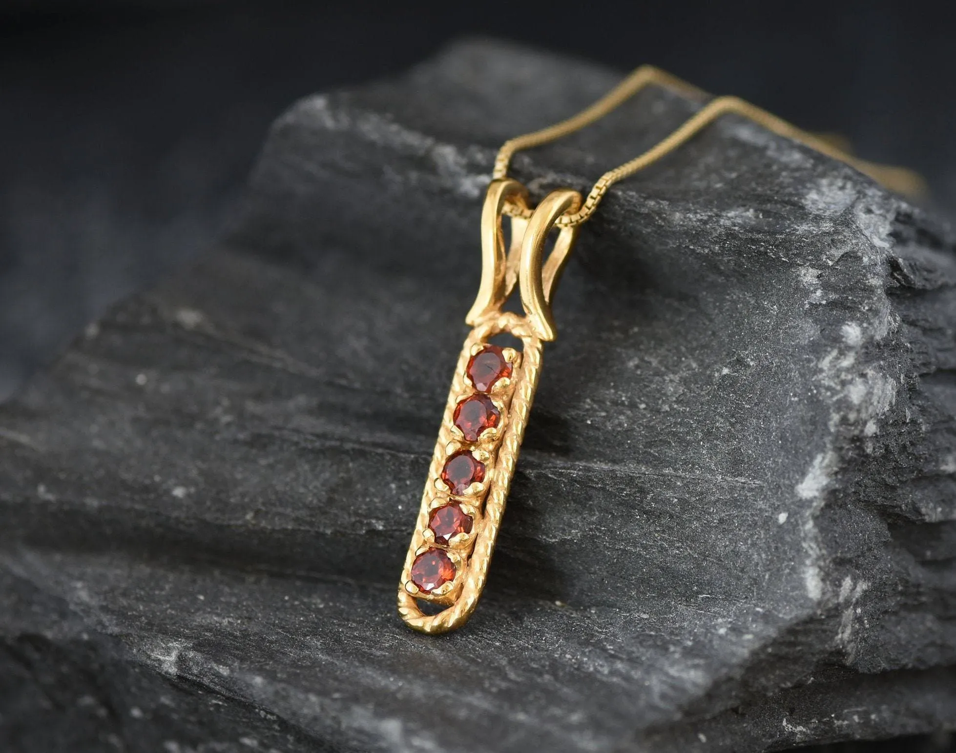 Vertical Garnet Pendant - Natural Garnet Necklace, Gold Garnet Pendant