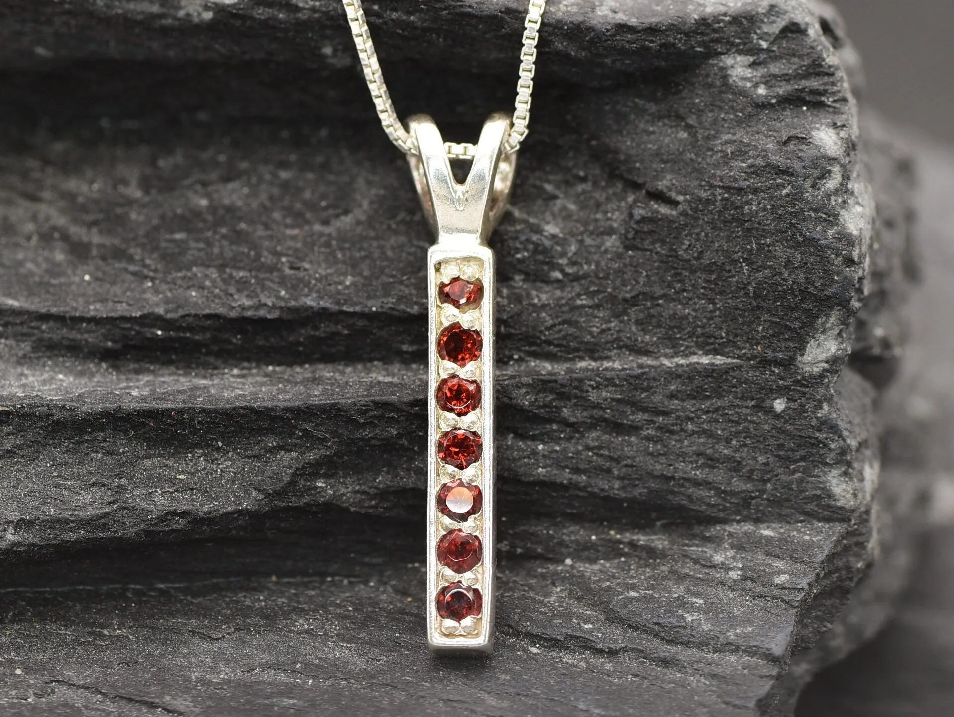 Vertical Garnet Pendant - Red Bar Necklace - January Birthstone Necklace