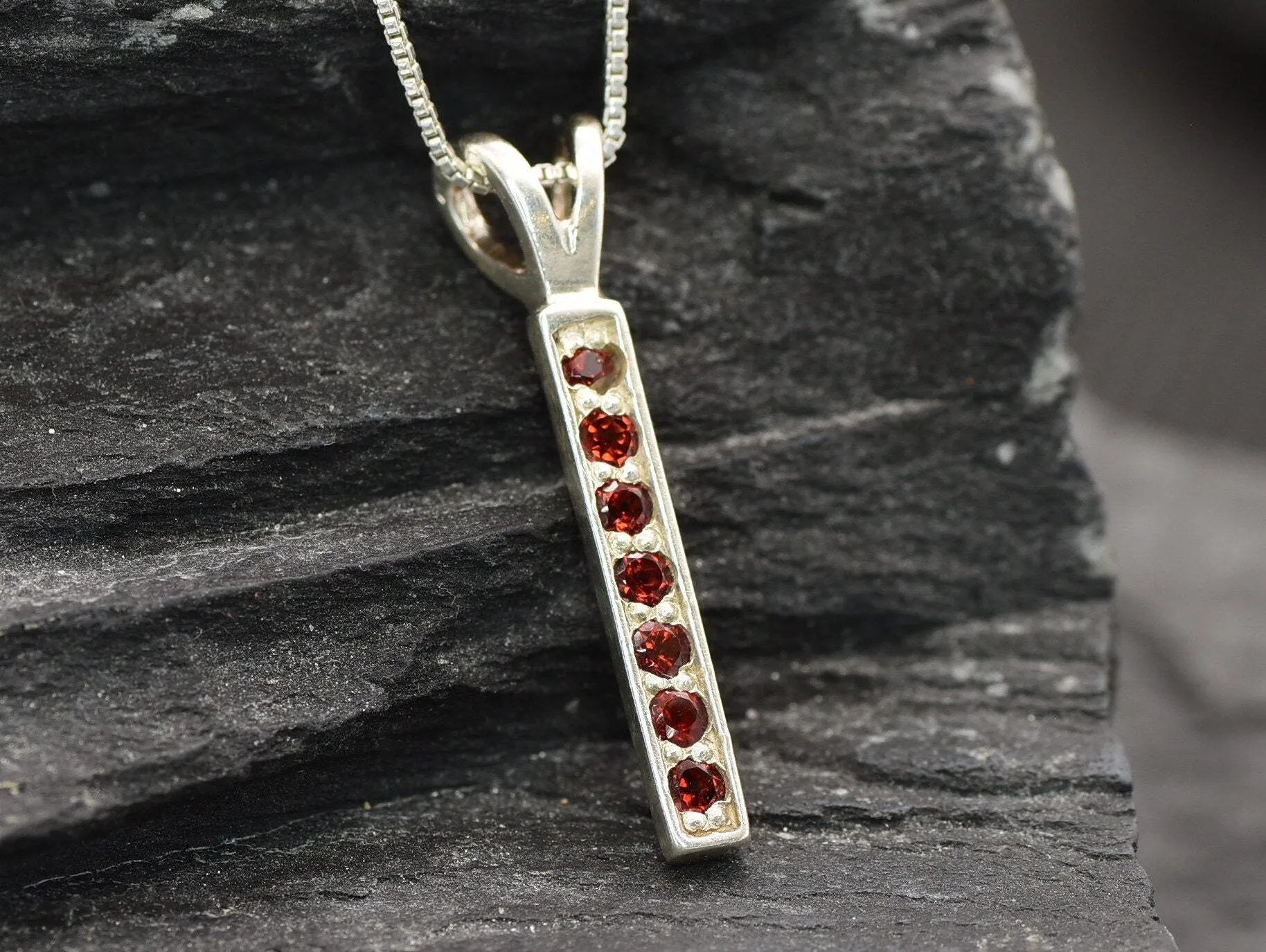 Vertical Garnet Pendant - Red Bar Necklace - January Birthstone Necklace