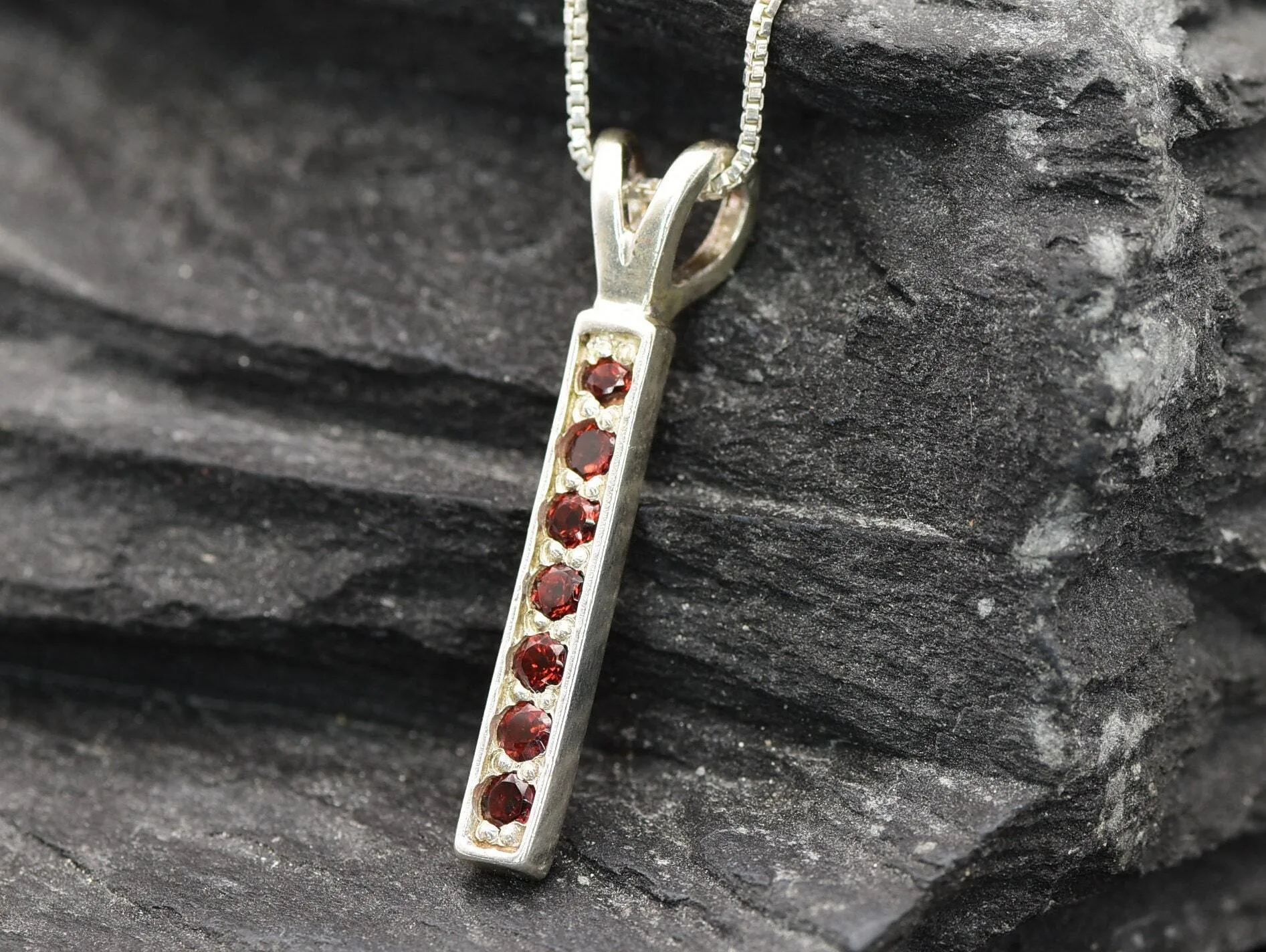 Vertical Garnet Pendant - Red Bar Necklace - January Birthstone Necklace