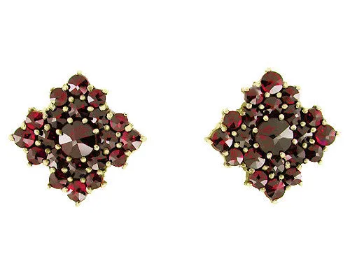 Victorian Bohemian Garnet Galaxy Square Stud Earrings in 14 Karat Yellow Gold and Sterling Silver Vermeil