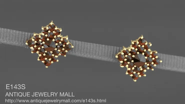 Victorian Bohemian Garnet Galaxy Square Stud Earrings in 14 Karat Yellow Gold and Sterling Silver Vermeil