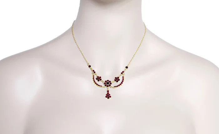 Victorian Bohemian Garnets Teardrop Necklace in Sterling Silver with Yellow Gold Vermeil