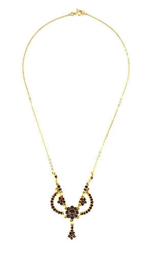 Victorian Bohemian Garnets Teardrop Necklace in Sterling Silver with Yellow Gold Vermeil