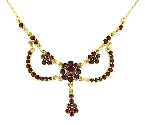 Victorian Bohemian Garnets Teardrop Necklace in Sterling Silver with Yellow Gold Vermeil