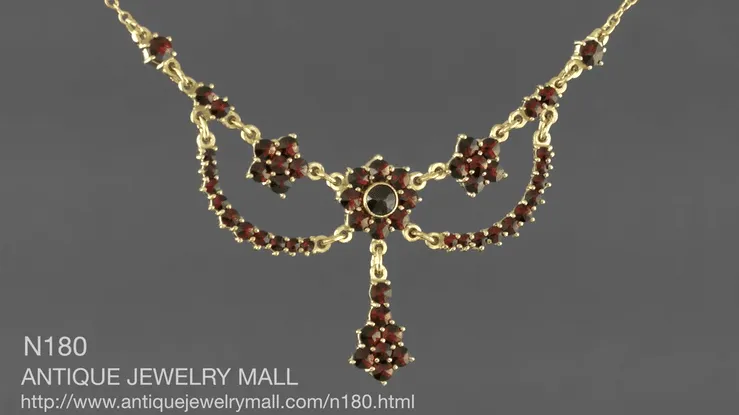 Victorian Bohemian Garnets Teardrop Necklace in Sterling Silver with Yellow Gold Vermeil