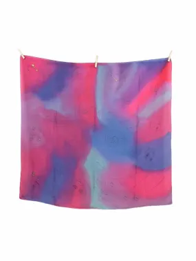 Vintage 70s Silk Tie Dye Acid Wash Pink Purple & Blue Abstract Swirls Square Bandana Neck Tie Scarf with Metallic Paint Detail