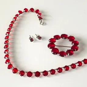 Vintage Art Deco bezel set gorgeous bright ruby red crystal riviere necklace & circle brooch, open-backed stones, matching modern earrings