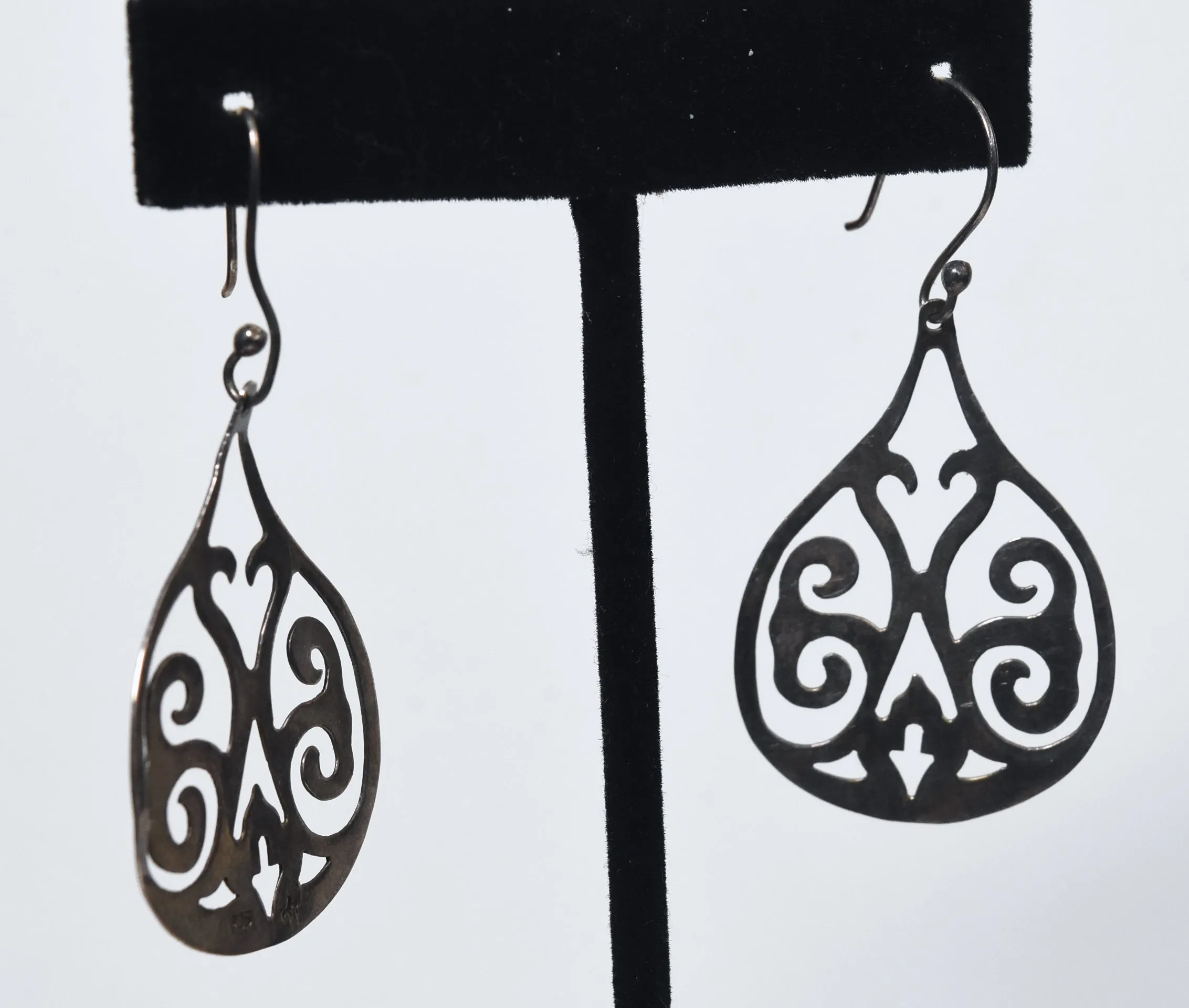 Vintage Flat Pierced Design Sterling Silver Dangle Earrings