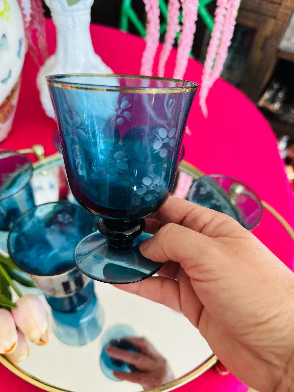 Vintage Glasses Blue glass, etched flower pattern, Gold rim, pedestal base set of 6