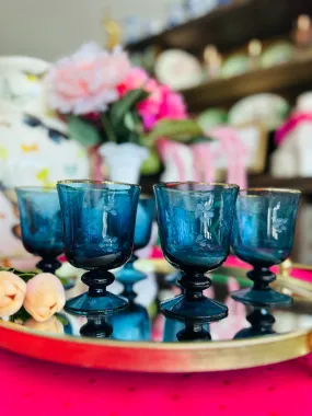 Vintage Glasses Blue glass, etched flower pattern, Gold rim, pedestal base set of 6