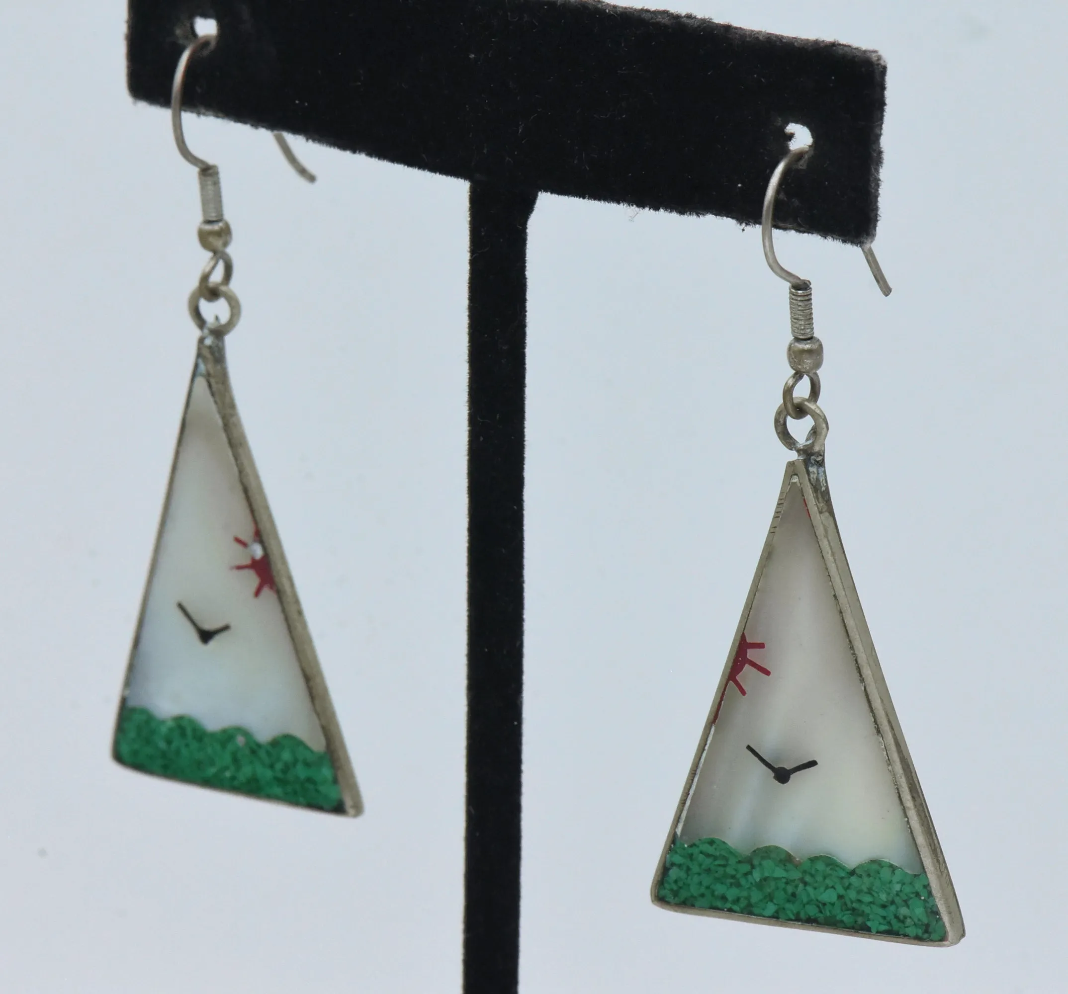 Vintage Handmade Seascape Mother of Pearl Alpaca Dangle Earrings