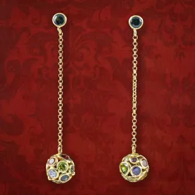 Vintage Harlequin Gemstone Orb Drop Earrings 18ct Gold