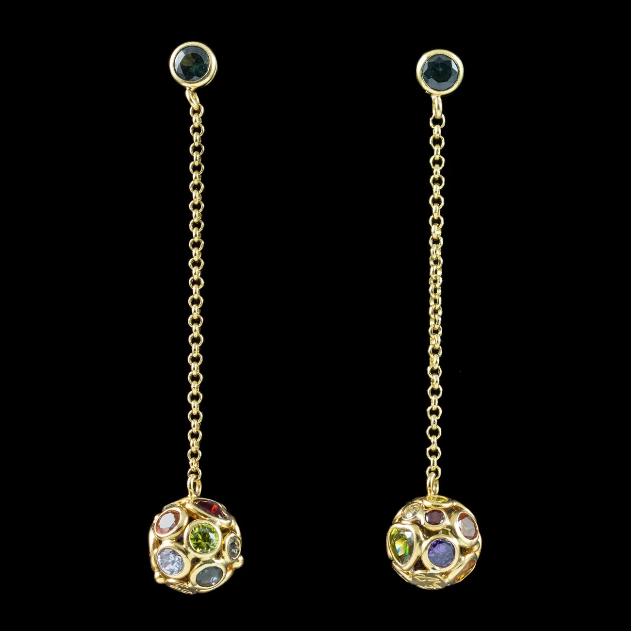 Vintage Harlequin Gemstone Orb Drop Earrings 18ct Gold