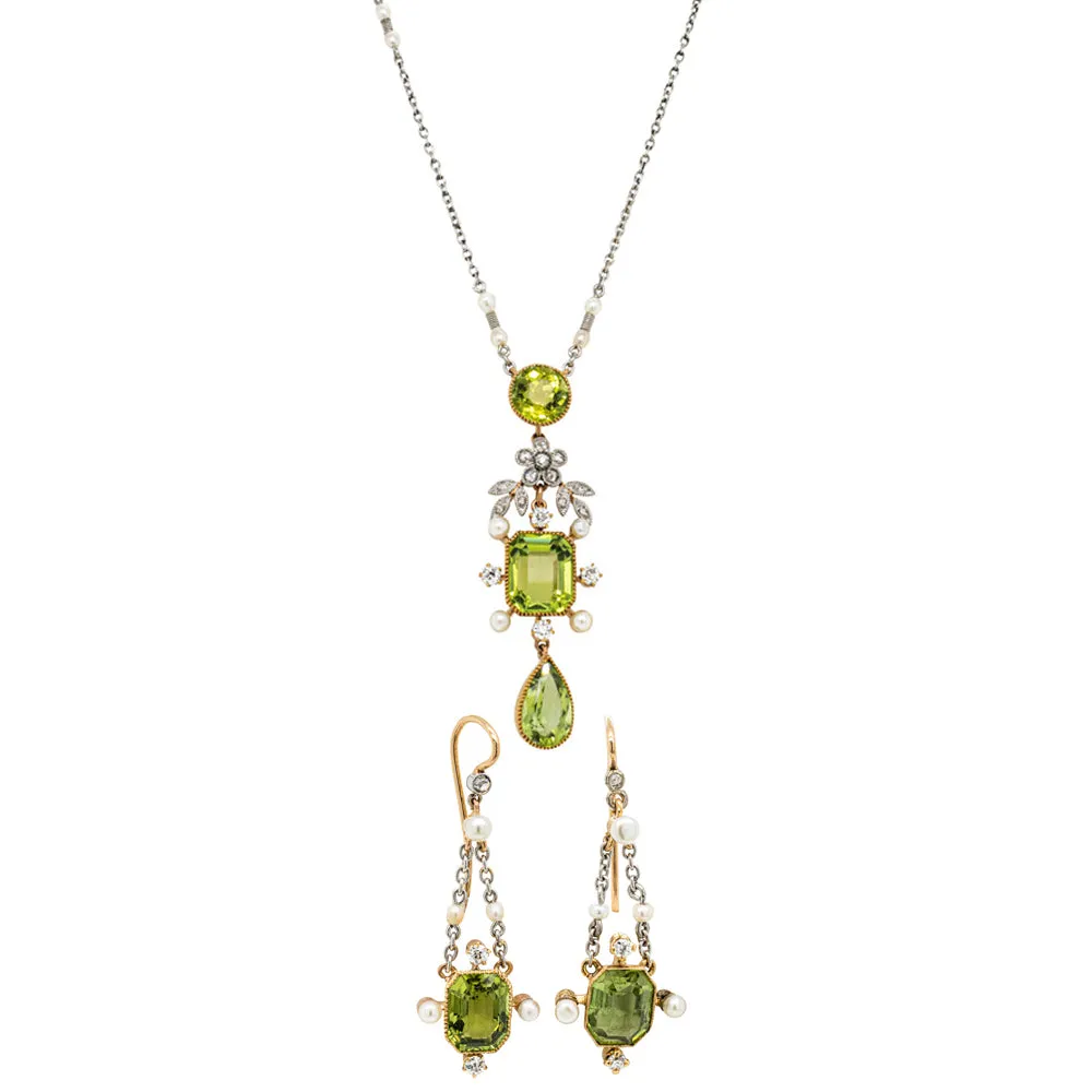 Vintage Platinum & Yellow Gold, Peridot, Pearl & Diamond Set