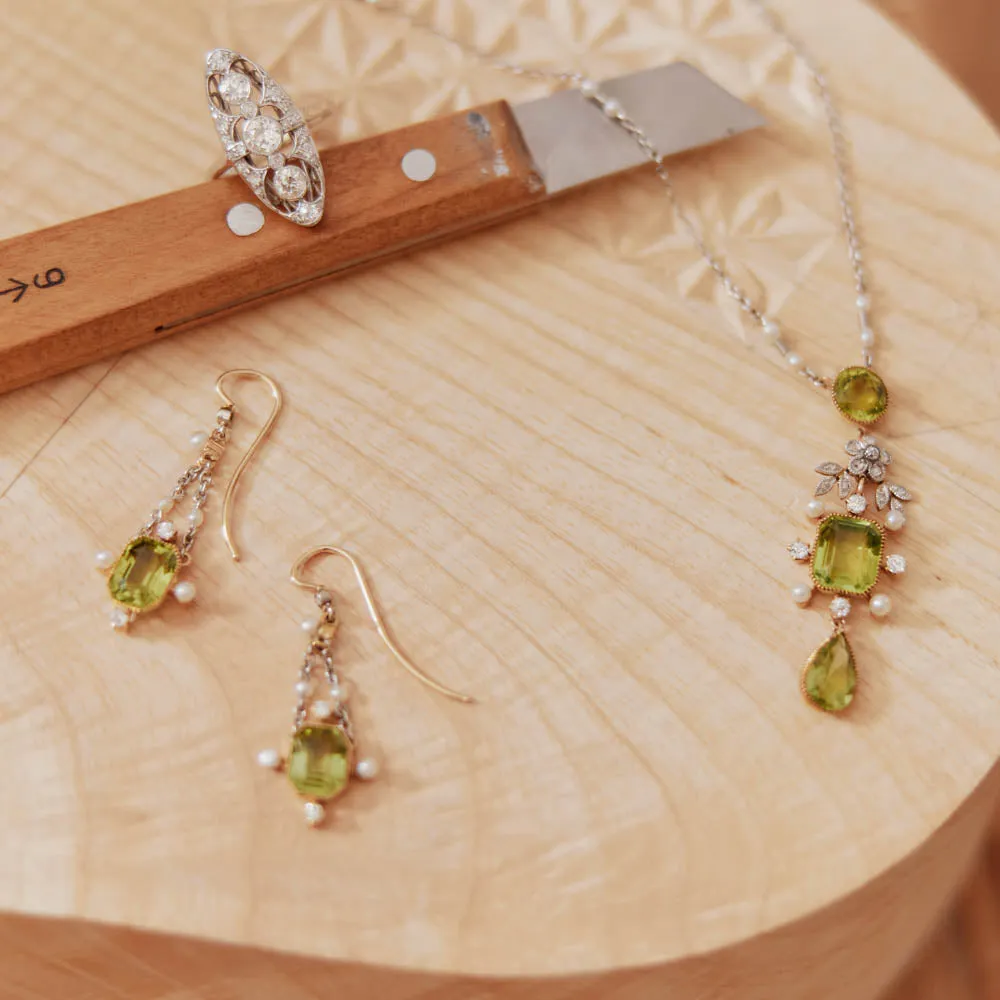 Vintage Platinum & Yellow Gold, Peridot, Pearl & Diamond Set