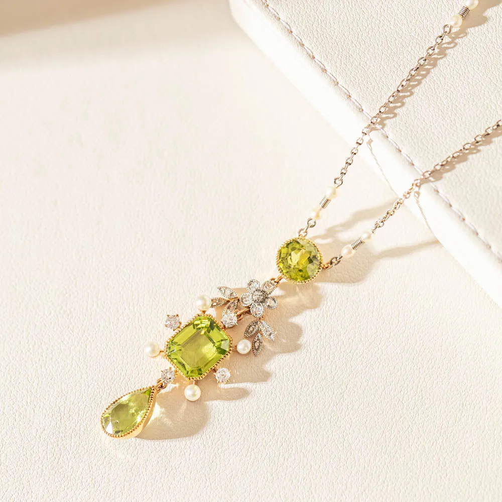 Vintage Platinum & Yellow Gold, Peridot, Pearl & Diamond Set