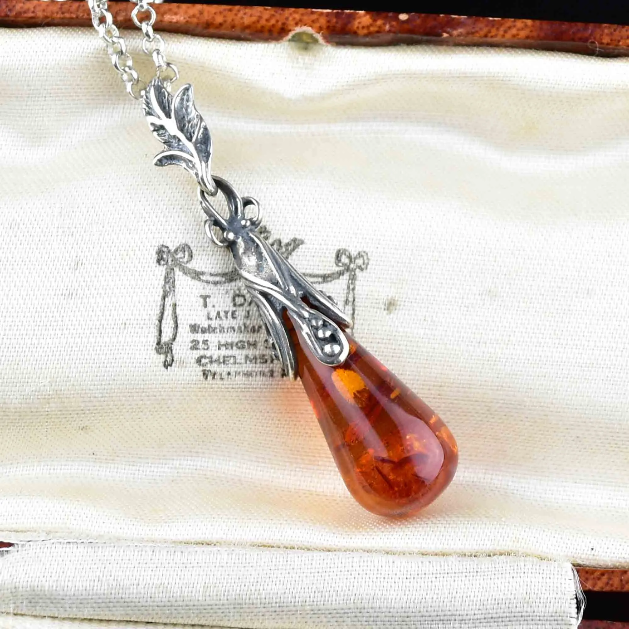 Vintage Silver Baltic Amber Pendant Necklace